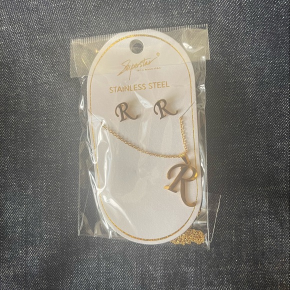 “R” Stainless Steel Earring and Necklace Set - Picture 1 of 2